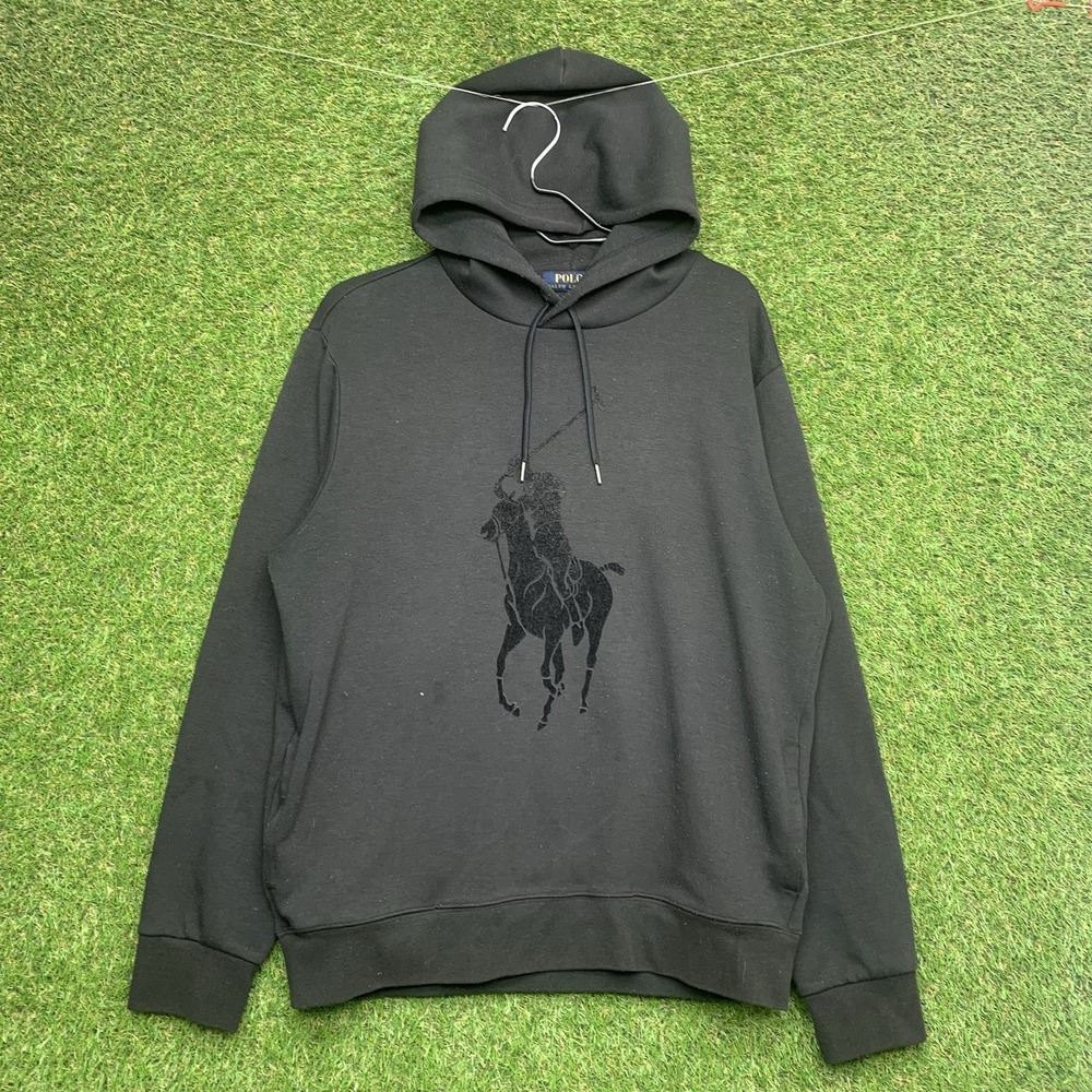 Polo Ralph Lauren Hoodie Mens Large Black Big Pony Sweatshirt Performance y2k